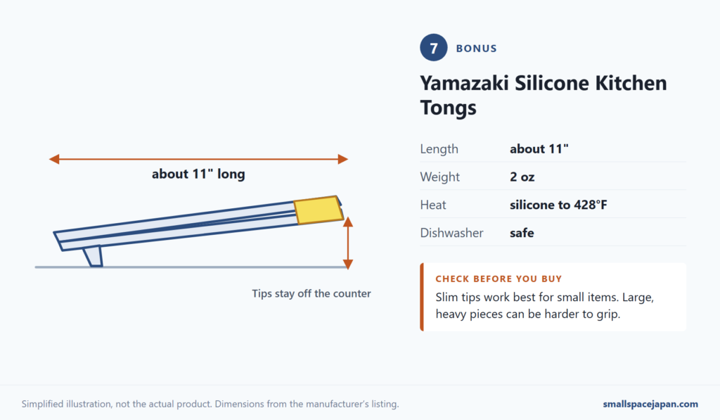 Diagram of the Yamazaki Silicone Kitchen Tongs: about 11 in long, with built-in feet that keep the tips off the counter